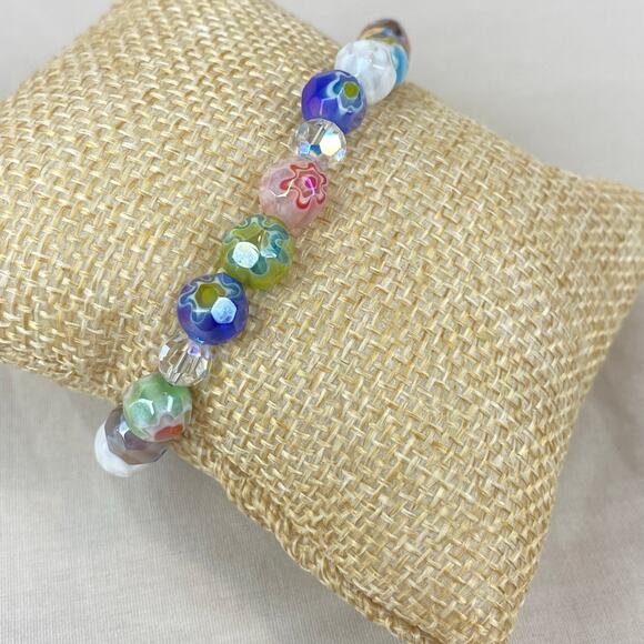 Aurora Borealis Crystal & Floral Colorful Glass Bead Bracelet 925 Silver Toggle - Picture 8 of 10